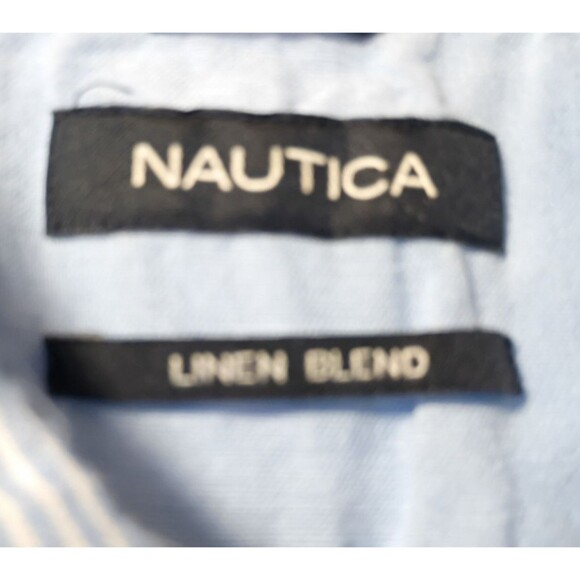 Nautica Baby Blue Linen Blend Shirt Size XL Railroad Stripe Button Down Long Sle - Picture 5 of 14